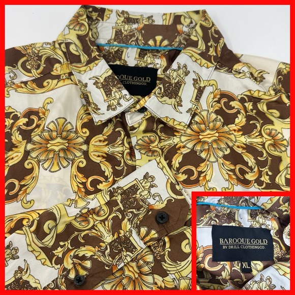 Drill Baroque‎ Gold Shirt Mens XL  Beige Brown Geometric Angels Fancy Designer - Picture 1 of 5